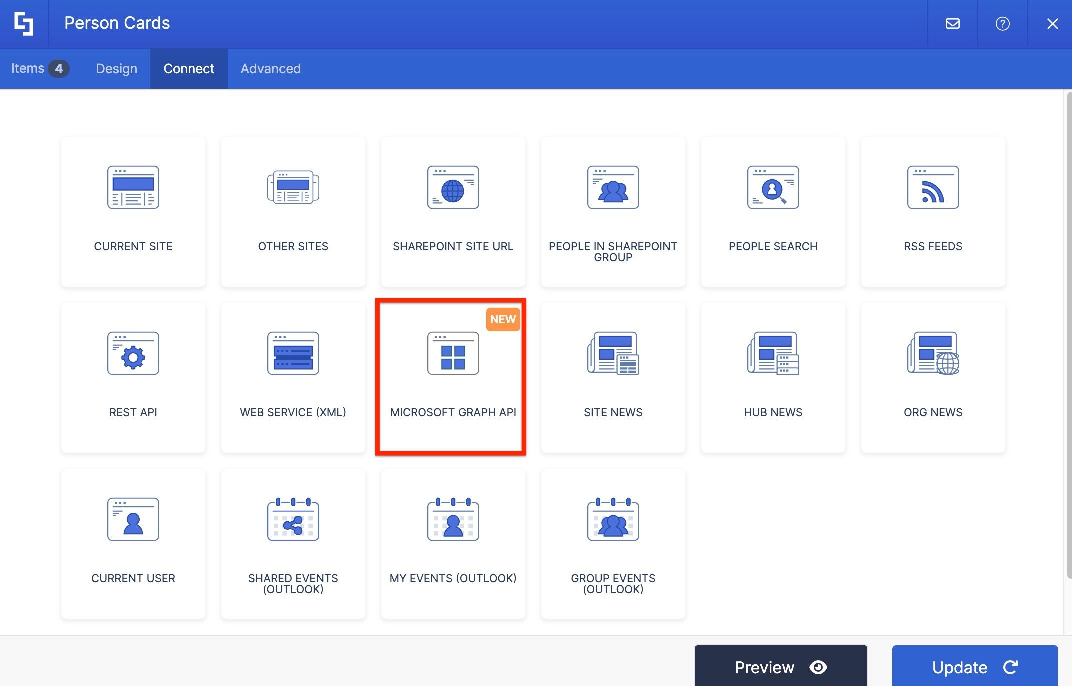 ShortPoint Connect tab with the Microsoft Graph API connection type selected.