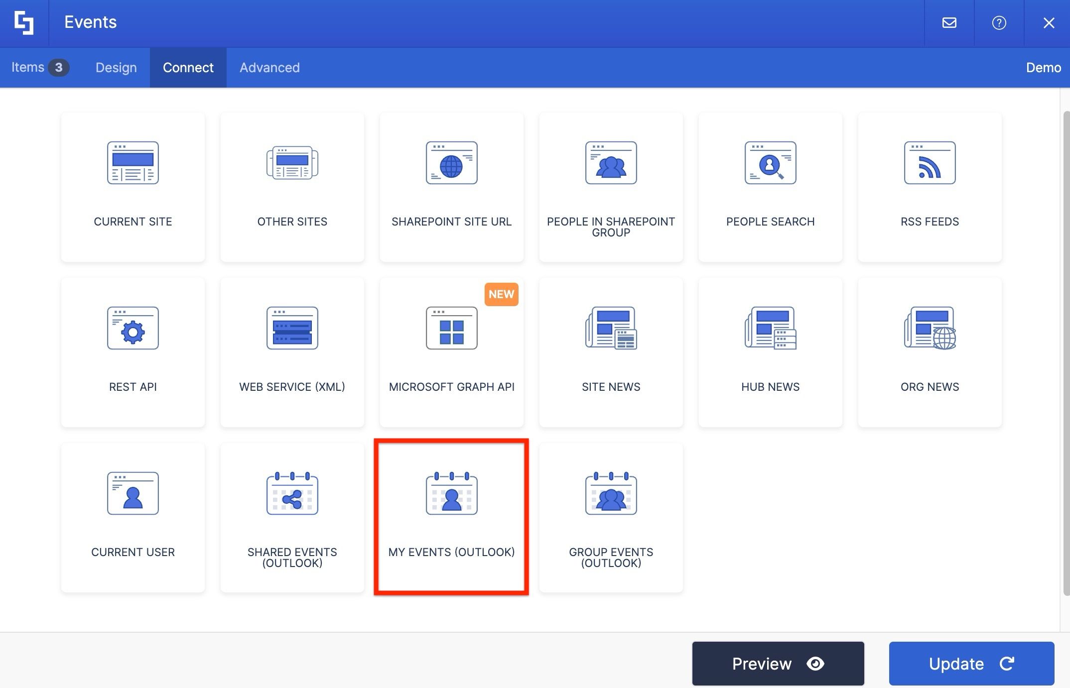ShortPoint Connect tab with the My Events Outlook connection type selected.