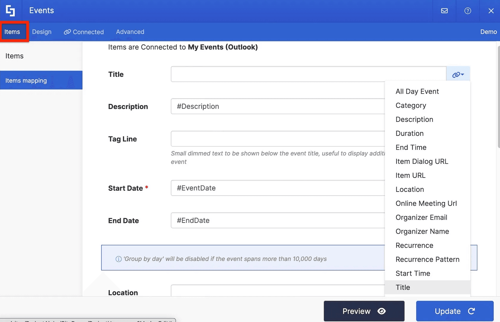 Items tab showing Outlook event properties mapped to Title, Time, Location, and Description fields.