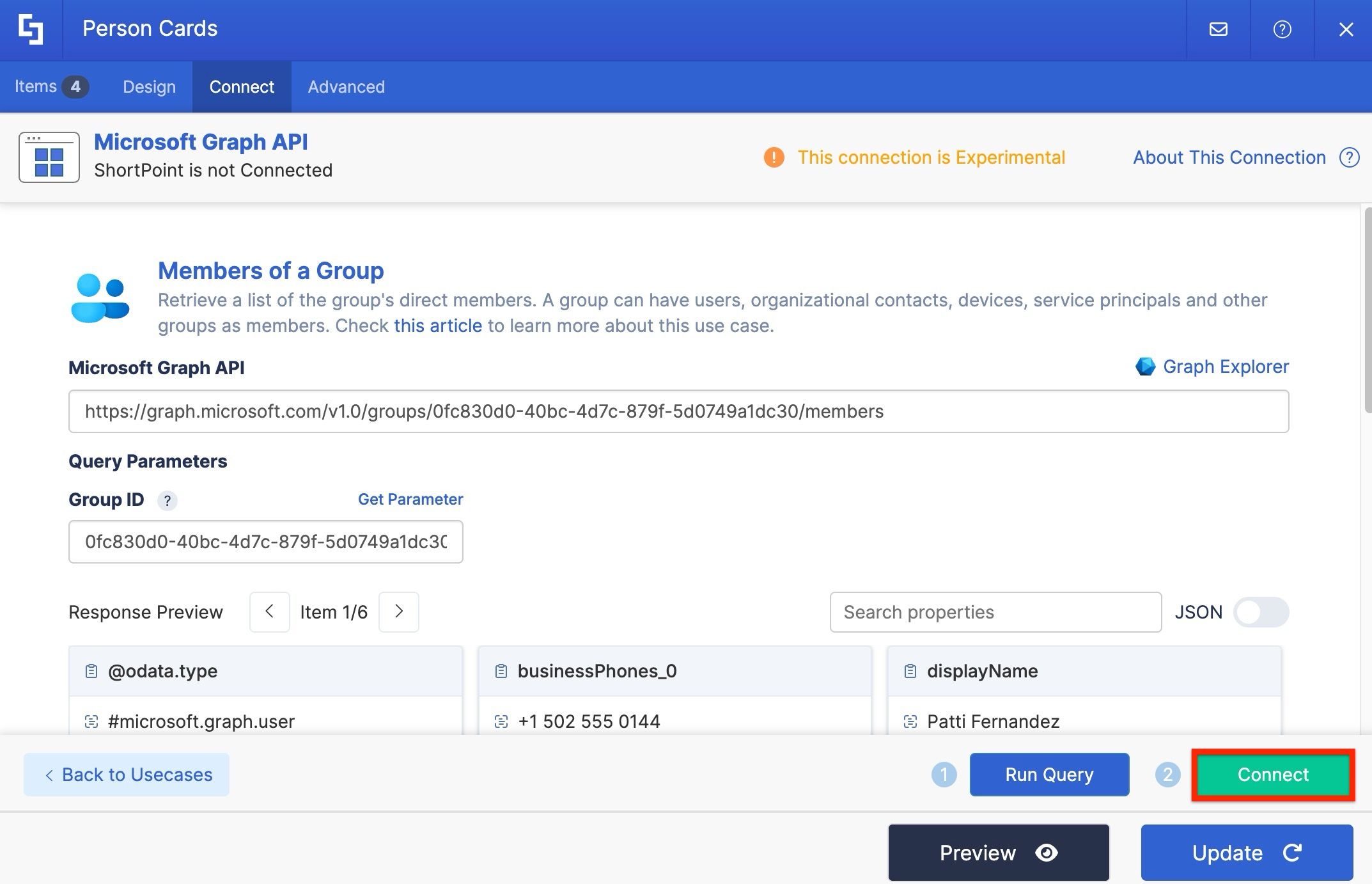 Microsoft Graph API query field with a Group ID pasted in, the Run Query button visible and the Connect button available.