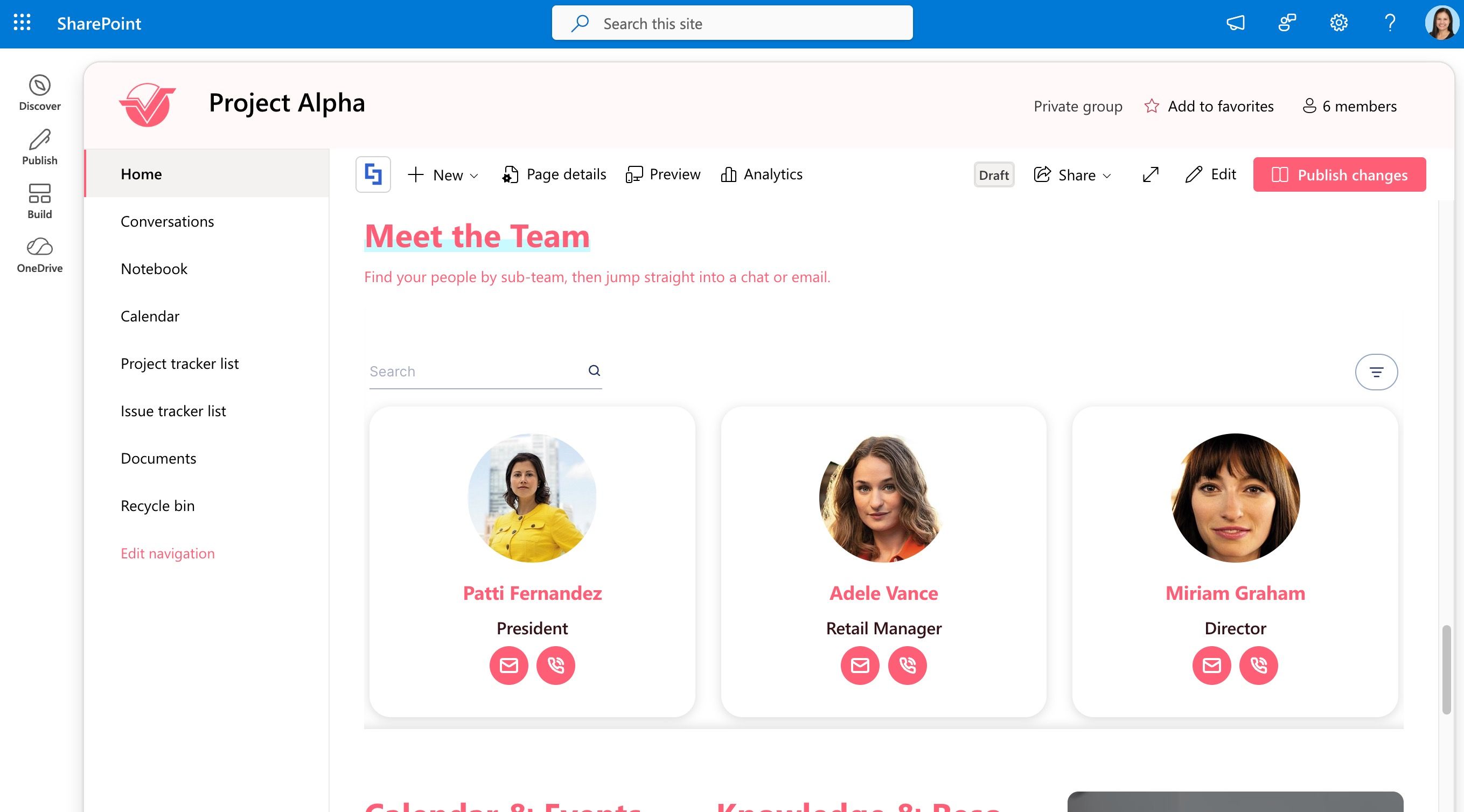 Person Cards Design Element displaying a team directory with search and filter options.