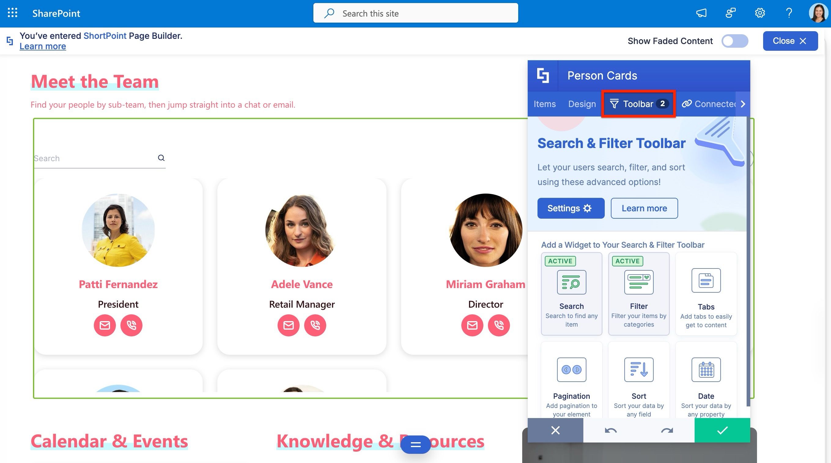 Toolbar tab showing search bar and filter configuration for a Person Cards Design Element.