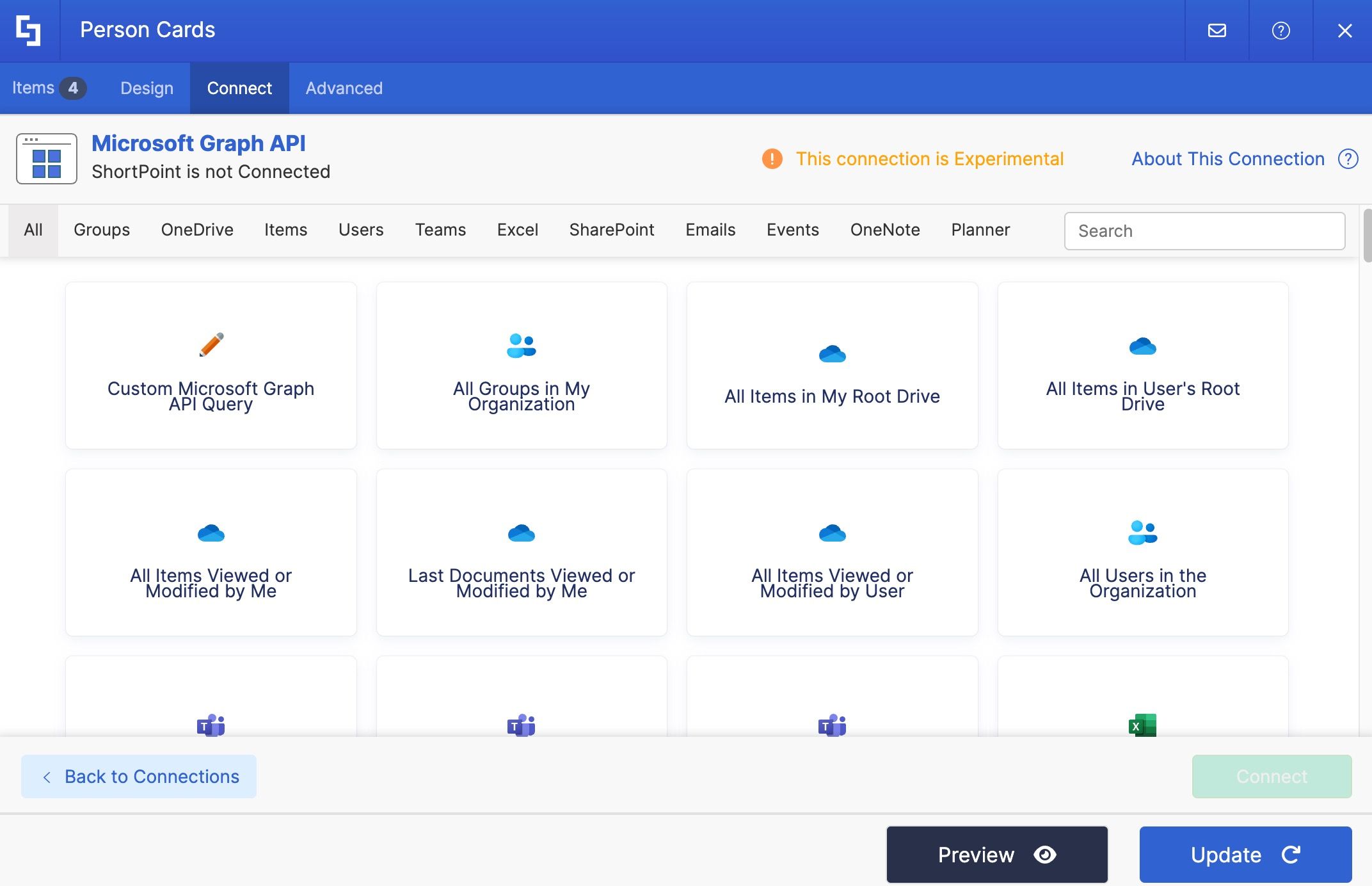Microsoft Graph API Use Cases library showing pre-built scenarios organized by app.