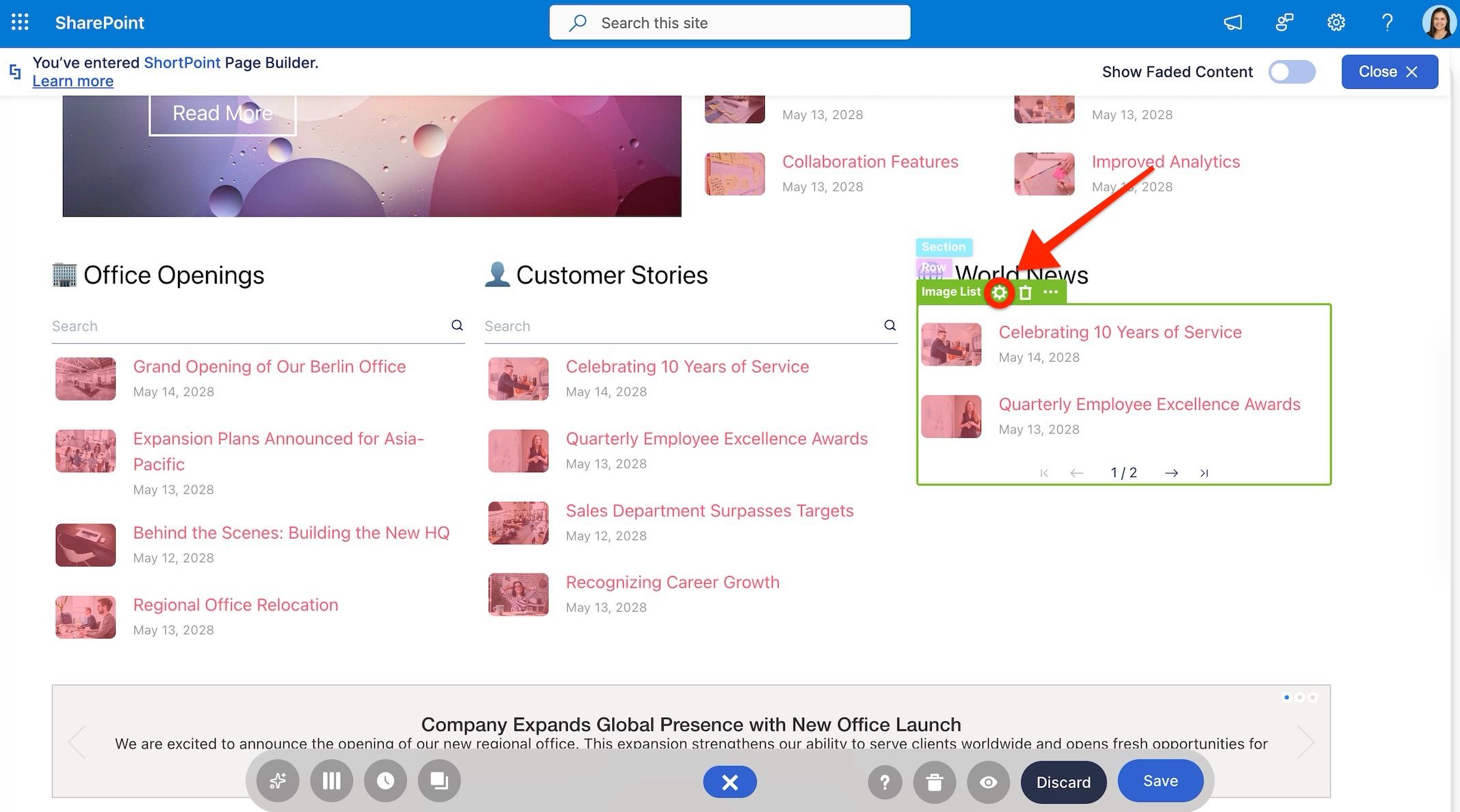 Image List Design Element inserted onto a SharePoint page, with its settings open.