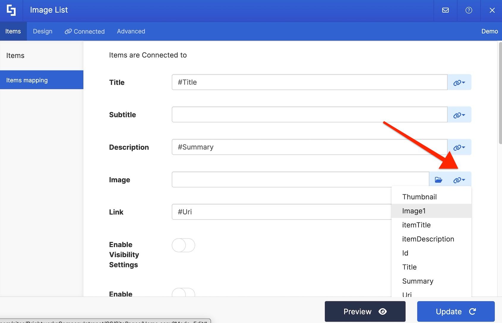 Items tab showing the link icon dropdown with available RSS feed properties for mapping.
