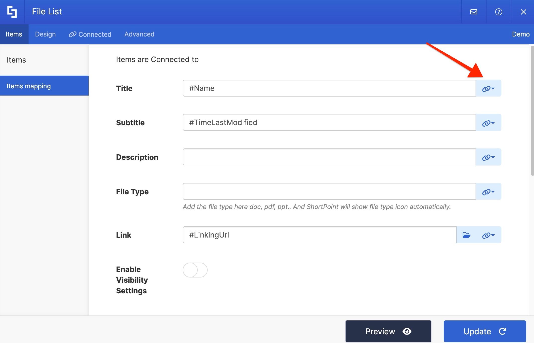 Items tab showing Title and Link fields mapped to REST API file properties.