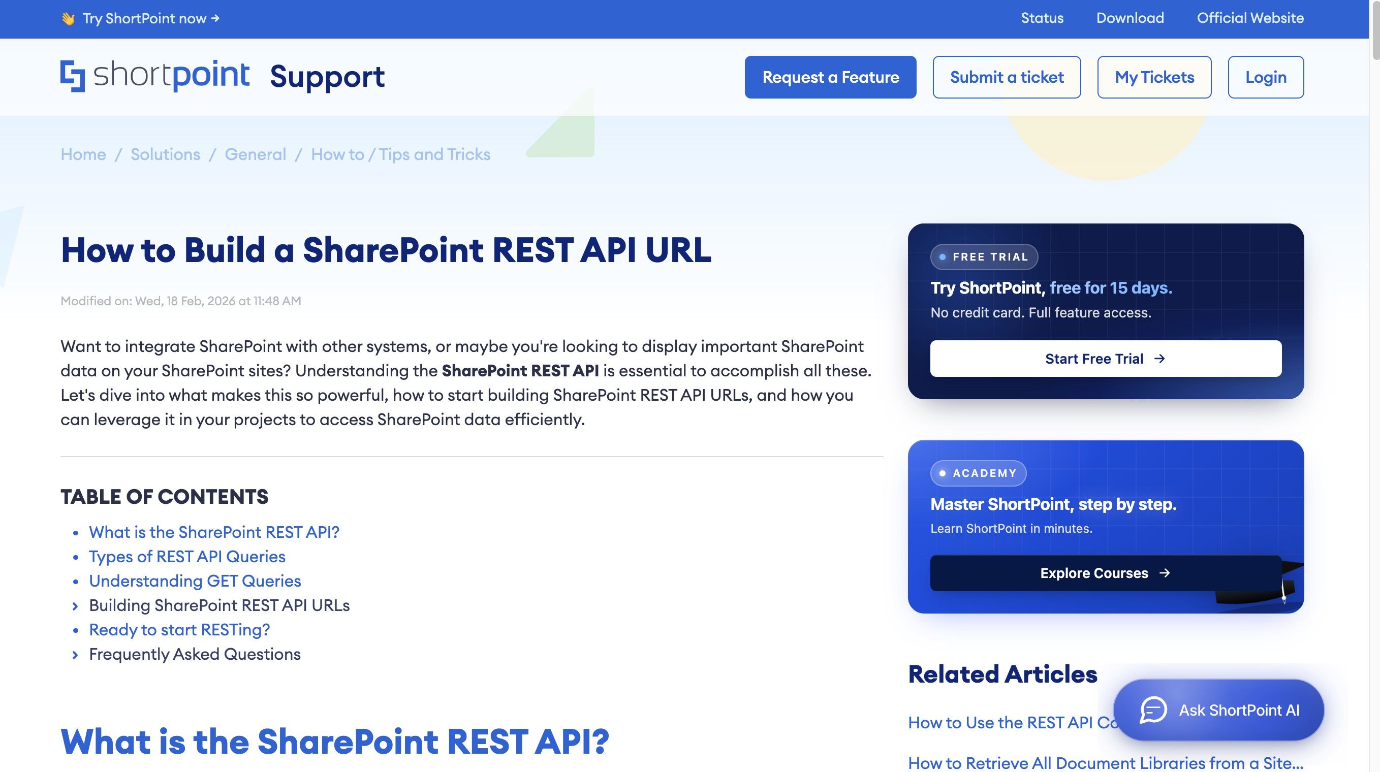 ShortPoint Knowledge Base article showing steps to build a SharePoint REST API URL.