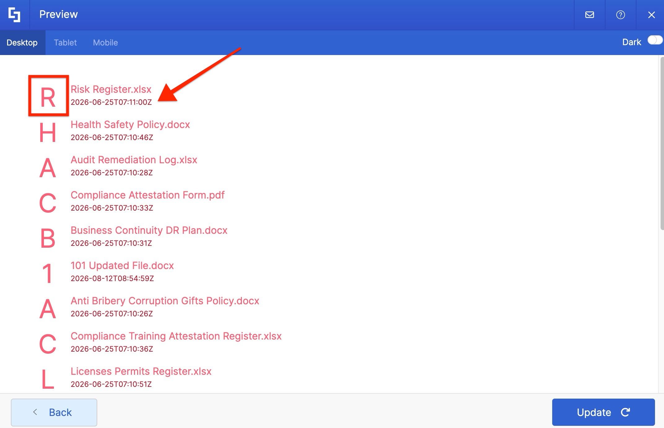 File List preview showing mismatched file icons and an incorrectly formatted date.