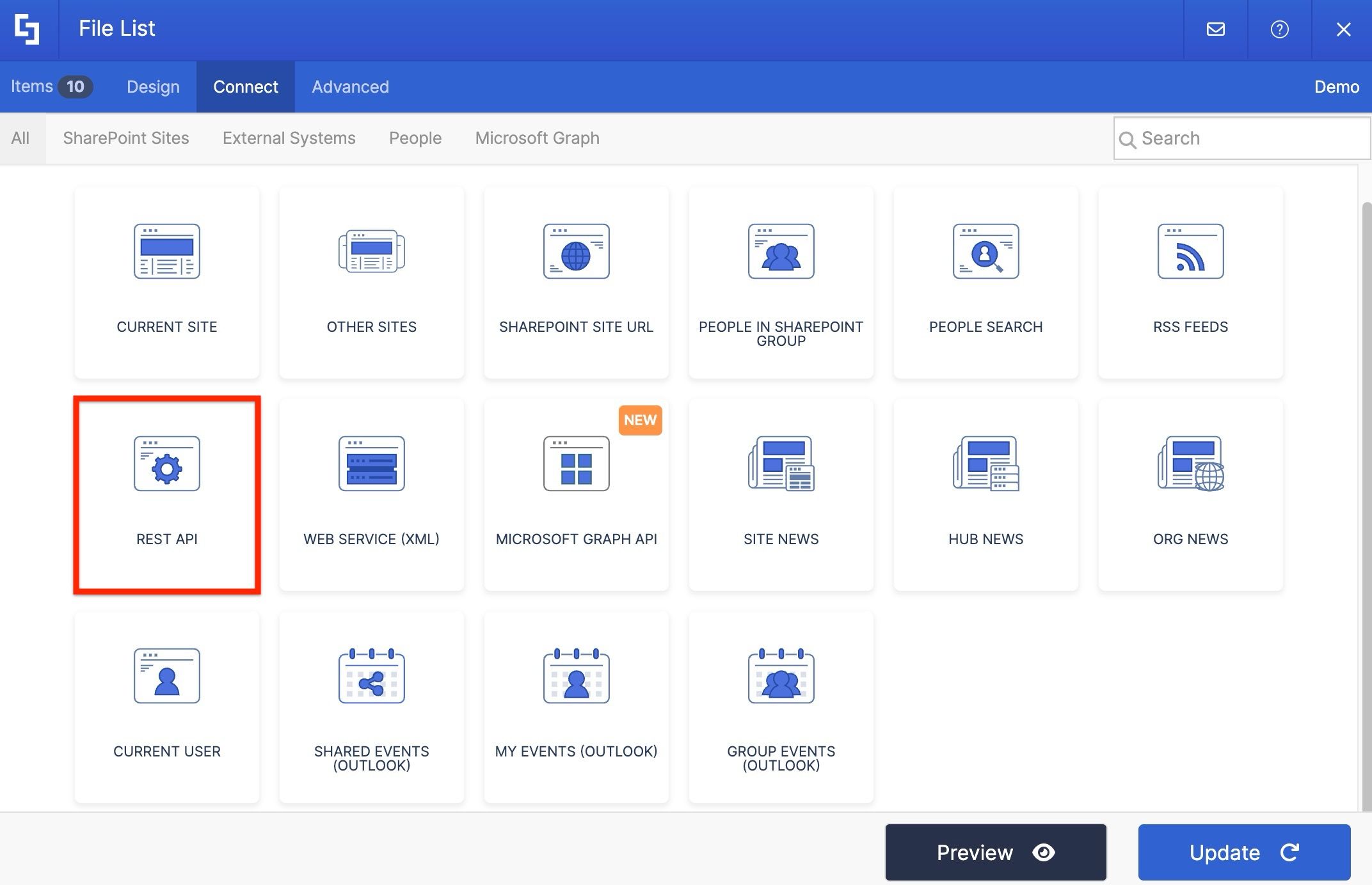 ShortPoint Connect tab with the REST API connection type selected.