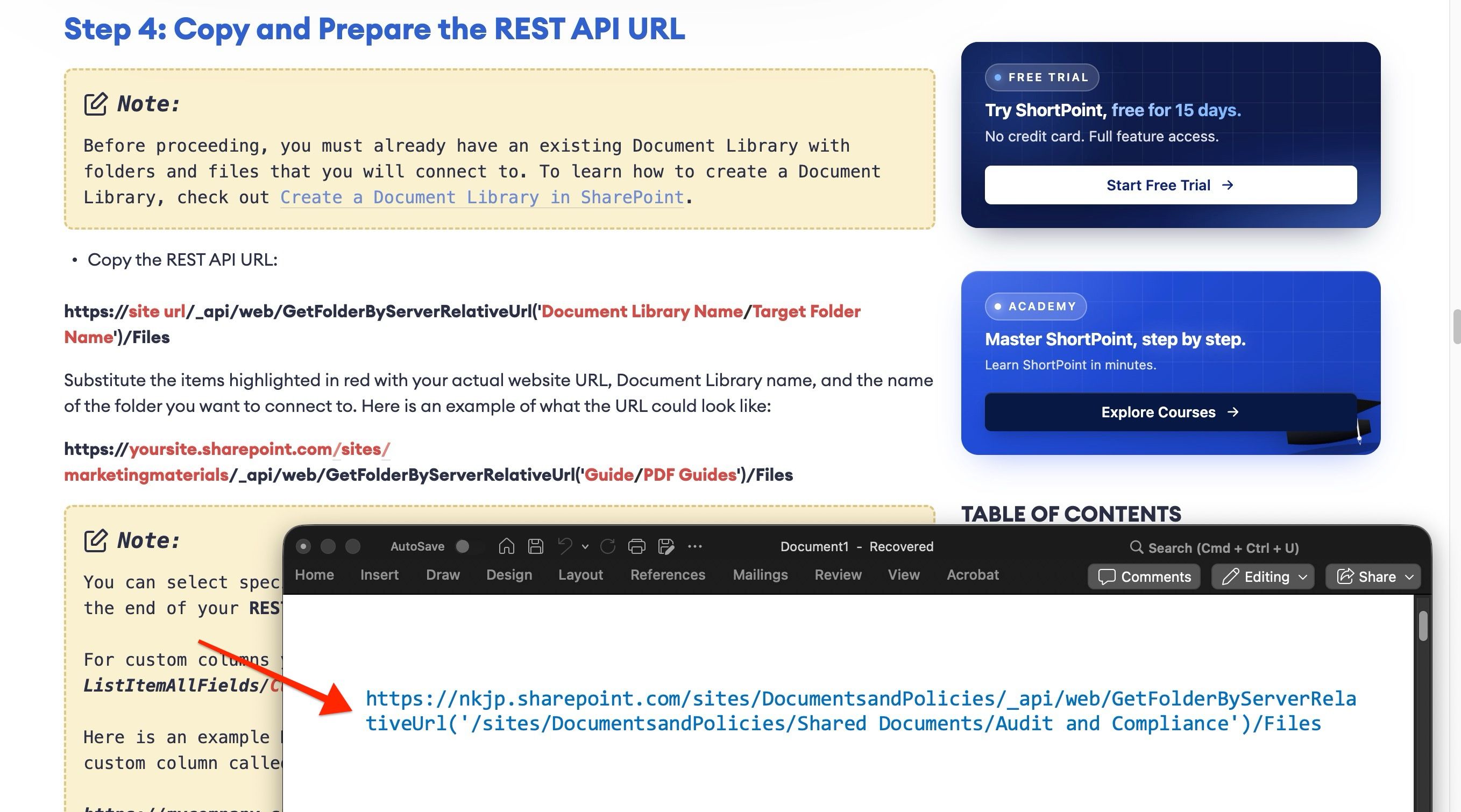Example REST API URL configured to point to a specific document library folder.