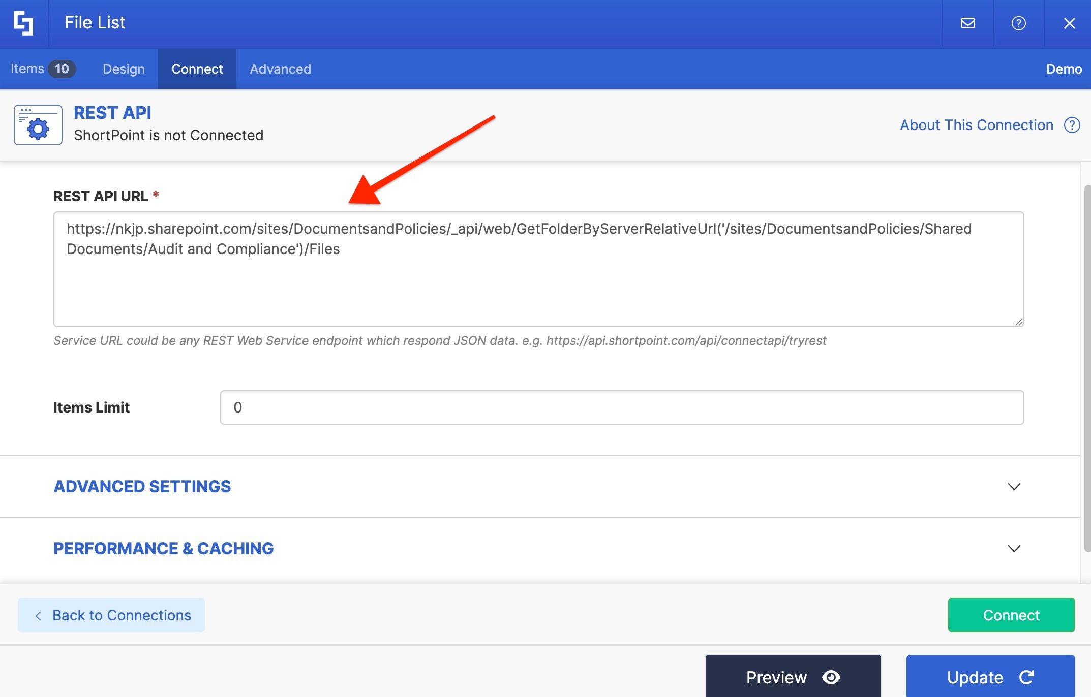 REST API connection settings showing the URL field with a document library folder URL.