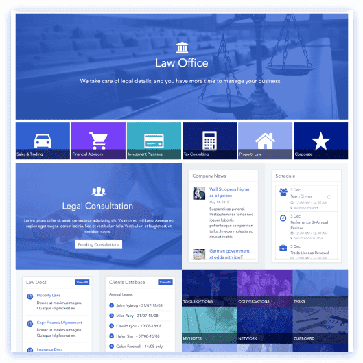 Law firm SharePoint site with case library, matter management panel, and attorney contact cards