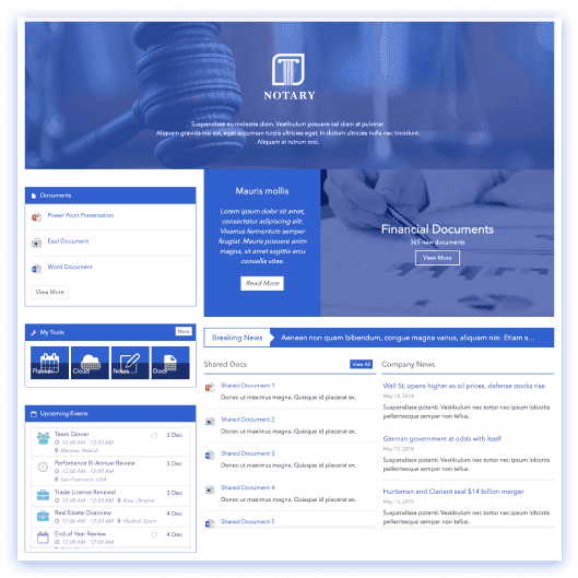 Legal SharePoint intranet with policy repository, contract template library, and compliance feeds