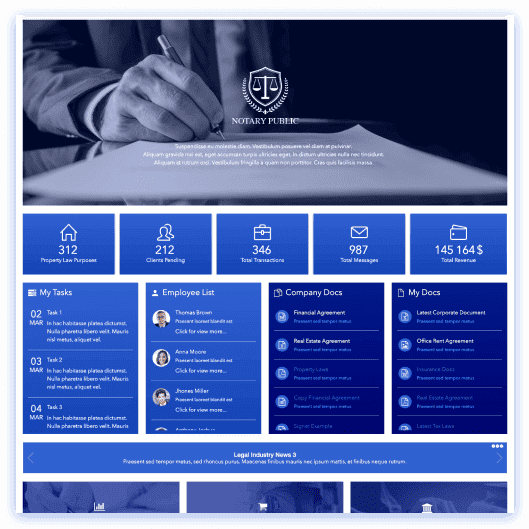 Law firm SharePoint site with practice area sections, document library, and client resource links