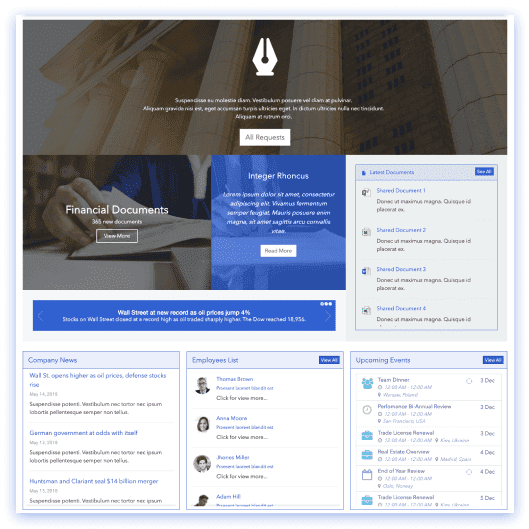 Legal SharePoint intranet with compliance hub, regulation docs, template library, and news feed