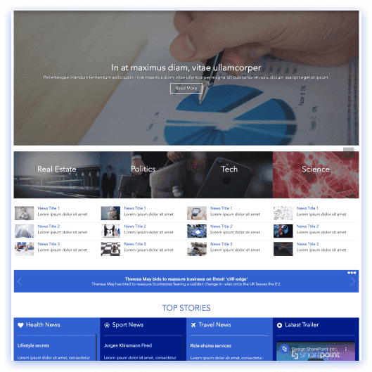 SharePoint news hub page with featured story banner at top and category-filtered article feed below