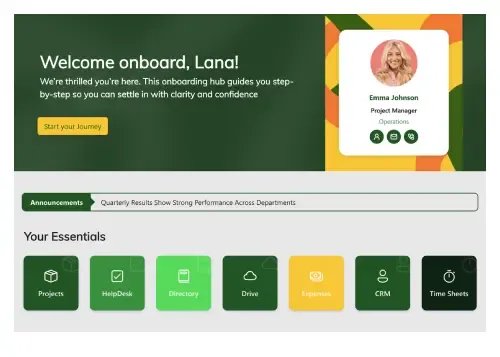 Clean SharePoint onboarding page showing first-day task list, document links, and team photo cards