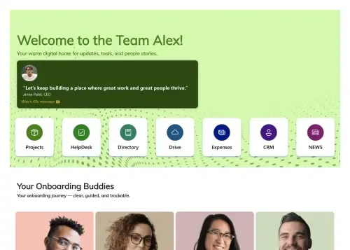 Colorful SharePoint onboarding page with numbered visual roadmap, progress steps, and checklist items