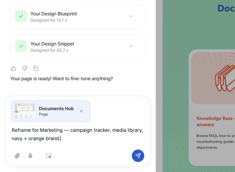 ShortPoint AI Designer prompt interface refining a SharePoint page through conversation