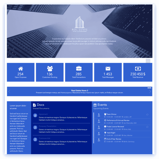 Real estate SharePoint site with property listing grid, contact cards, and document library
