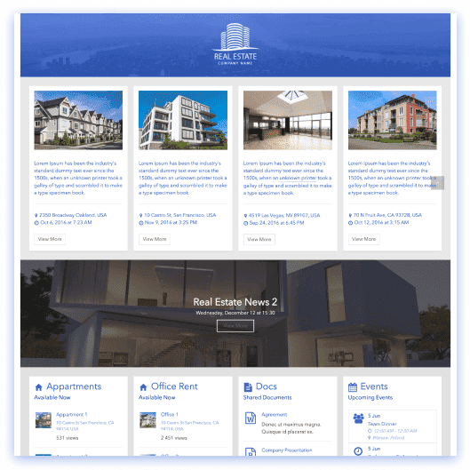 Real estate SharePoint site with property photo gallery, agent directory cards, and team resources