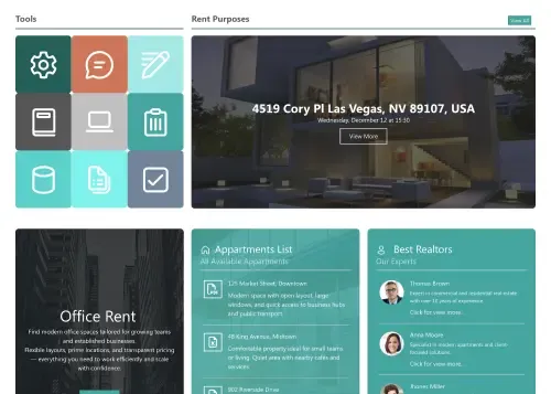 Real estate SharePoint portal with property listing cards, CRM links, and team resource section