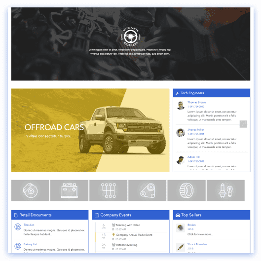 Retail SharePoint site with multi-location inventory dashboard and team communication feed