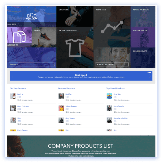 Retail SharePoint intranet with shift schedule, company news feed, and frontline worker resources