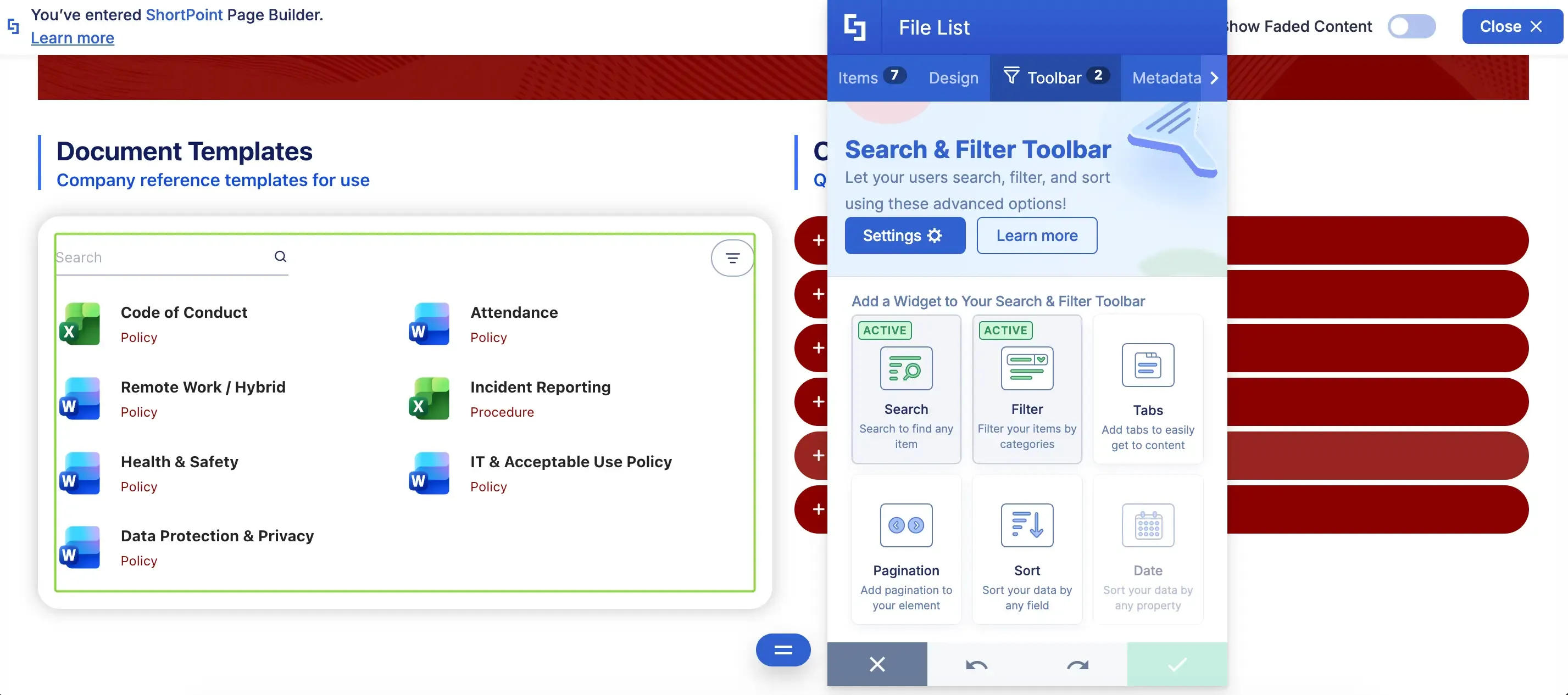 Configuring the search and filter toolbar options for document templates in Page Builder