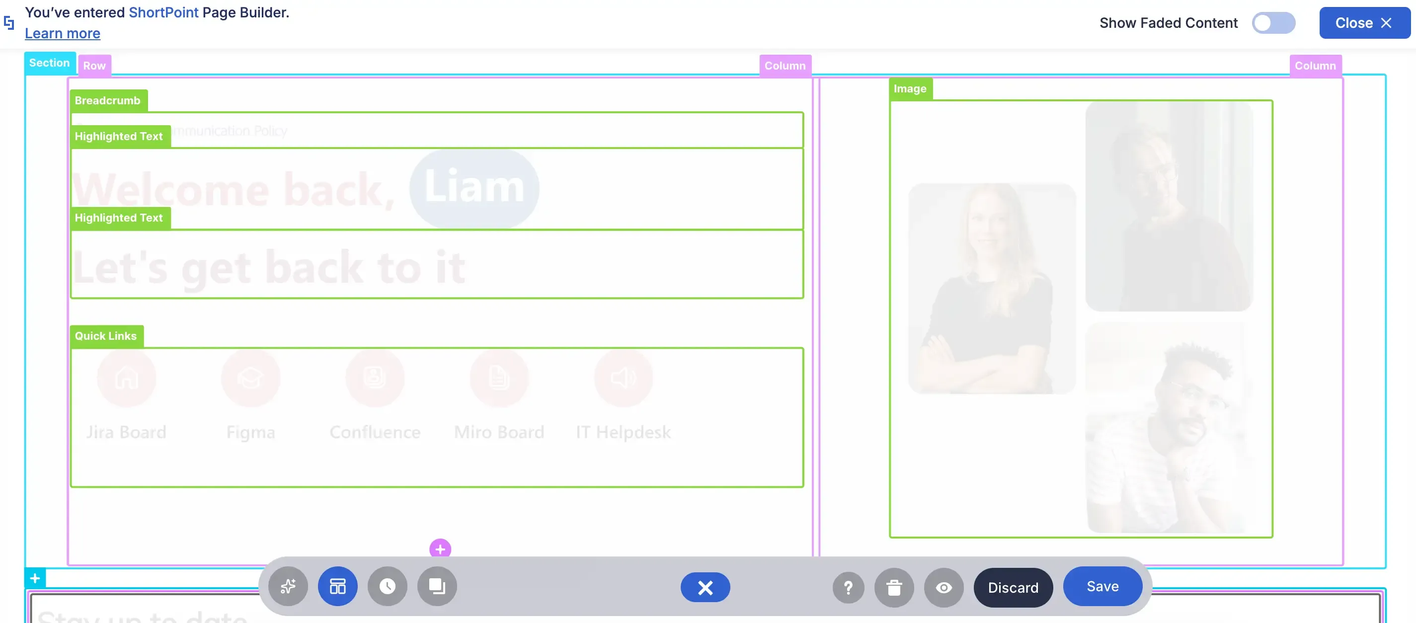 Wireframe view outlining content sections, rows, and columns for visual page editing