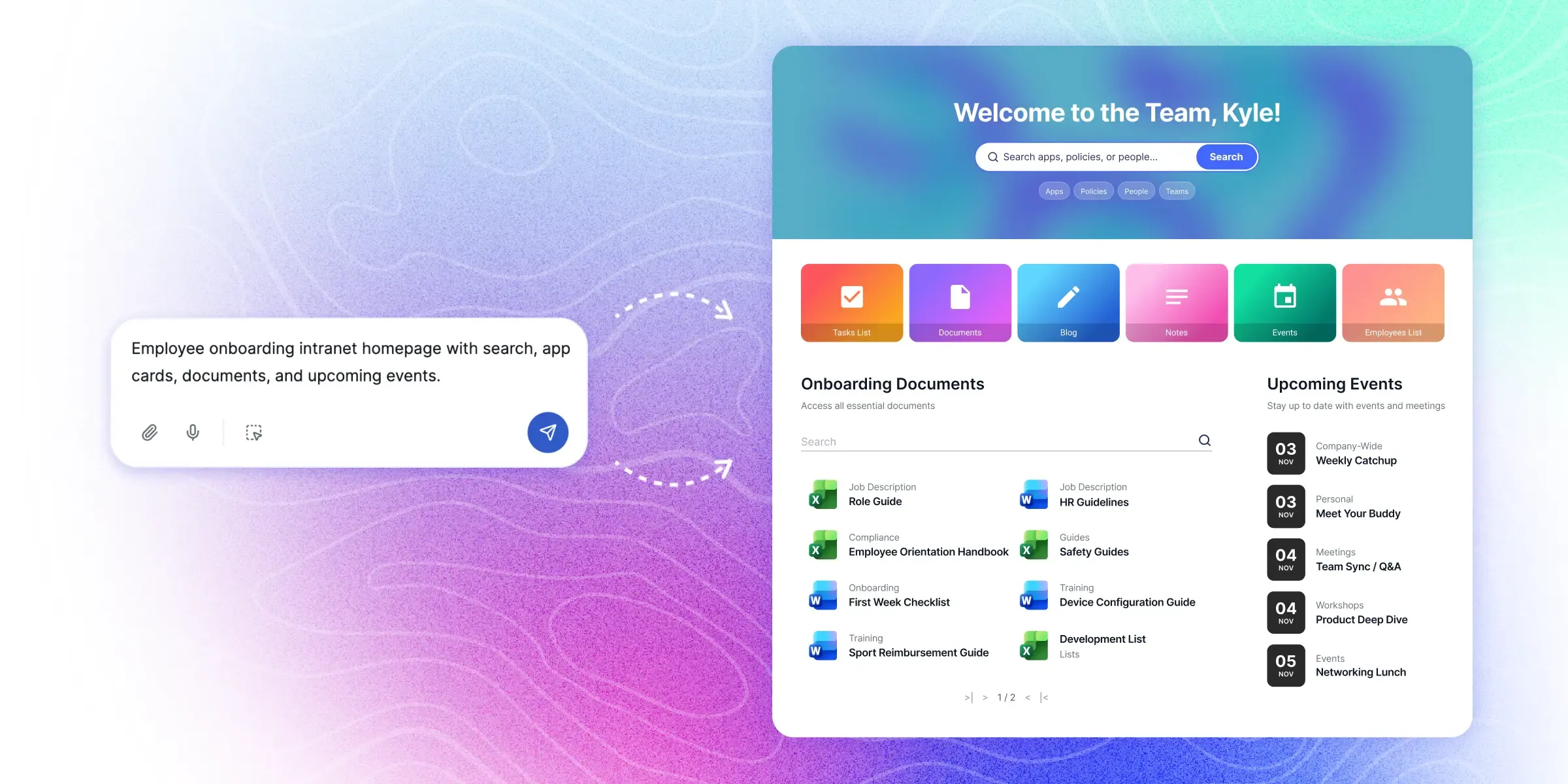 ShortPoint AI Designer building SharePoint intranet pages from a plain-text prompt