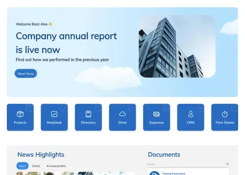 SharePoint annual report page with KPI counters, data charts, and executive message section