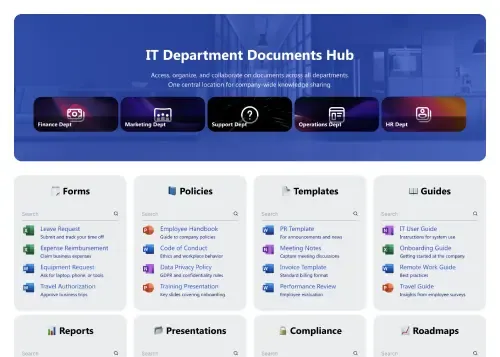 SharePoint document page with search bar, metadata filter sidebar, and categorized file list view