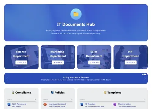SharePoint document hub with alert banners, search bar, and quick action buttons above file list