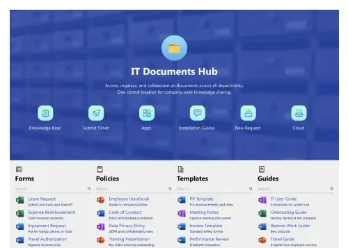 SharePoint document library with quick-action tiles, categorized file sections, and recent updates panel