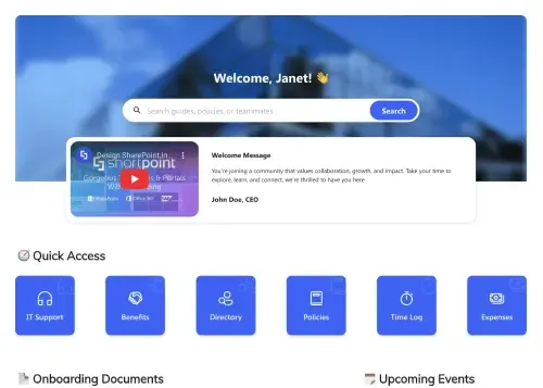 SharePoint employee start page with app launcher grid, personalized link tiles, and daily news dashboard
