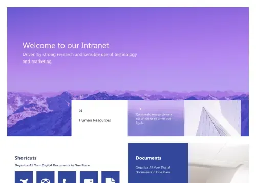 Enterprise SharePoint homepage with global mega-menu navigation, department news, and quick link tiles