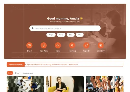 SharePoint homepage with app shortcut icon row, personalized news feed, weather widget, and daily tools sidebar