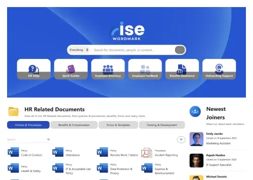 SharePoint HR portal with search box, categorized quick link tiles, and employee resource sections