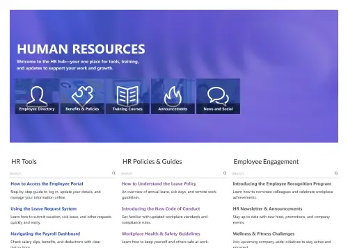 SharePoint HR portal with benefits summary cards, PTO policy details, and HR quick link buttons