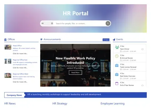 SharePoint HR page with search bar, announcement banner, events calendar, and learning module cards