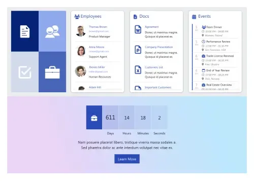 SharePoint HR portal with learning resource library, policy links, and employee self-service panel