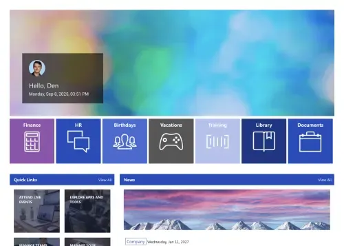 SharePoint HR page with news section, job posting cards, and company policy document tiles
