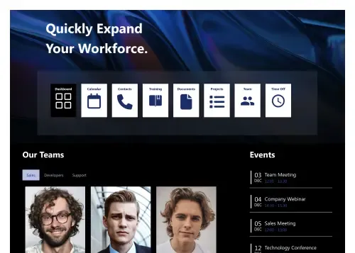 SharePoint HR portal with PTO tracker widget, FAQ accordion, and downloadable HR forms list