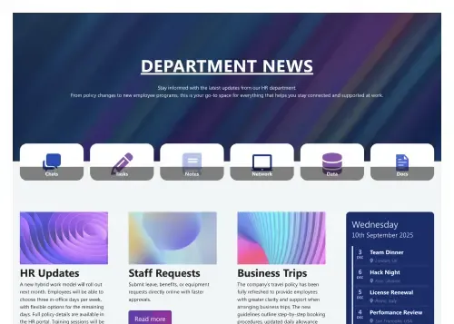 SharePoint HR portal with survey widget, department news feed, and resource download buttons