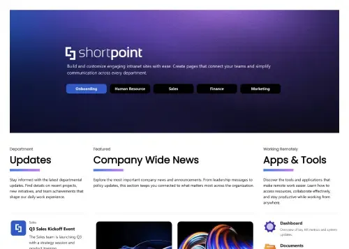 SharePoint intranet homepage with news cards, people directory, events sidebar, and tool shortcuts