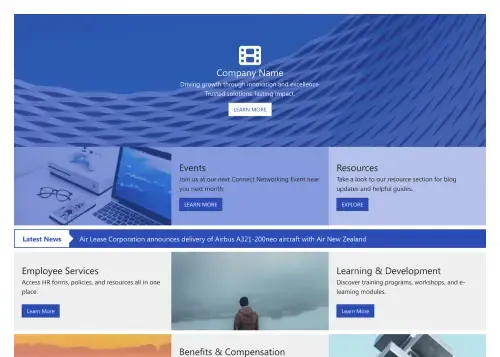 SharePoint intranet page with clean section divisions for news feed, resource library, and team directory