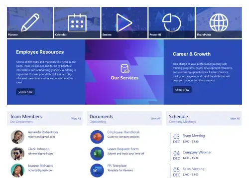 SharePoint page with card-based content grid, sidebar navigation, and organized section headers