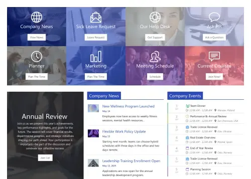Minimal SharePoint page with clean hero section, horizontal quick link buttons, and document list