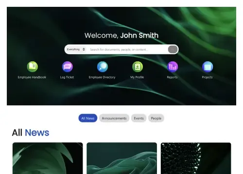 SharePoint homepage with centered search bar, personalized quick actions, news feed, and dept links